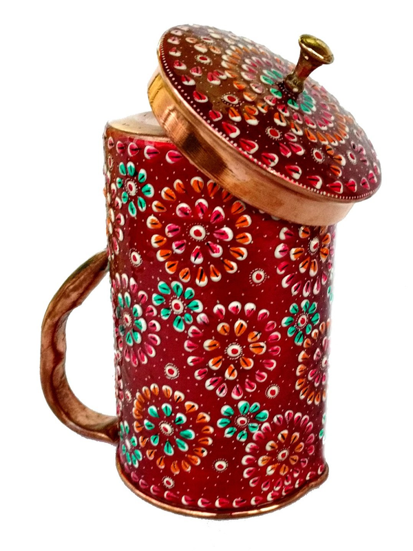 Rastogi Handicrafts Copper Jug/Pitcher/Utensil for Drinking Water Storage Health Benefit Yoga Serving Jug - (1.5 Liter, Red Meenakari Work)