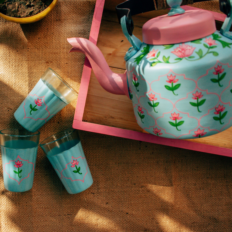 Teapot Set For Family | Pichwai Lotus | Washable | Reusable | Multipurpose | Scrapshala